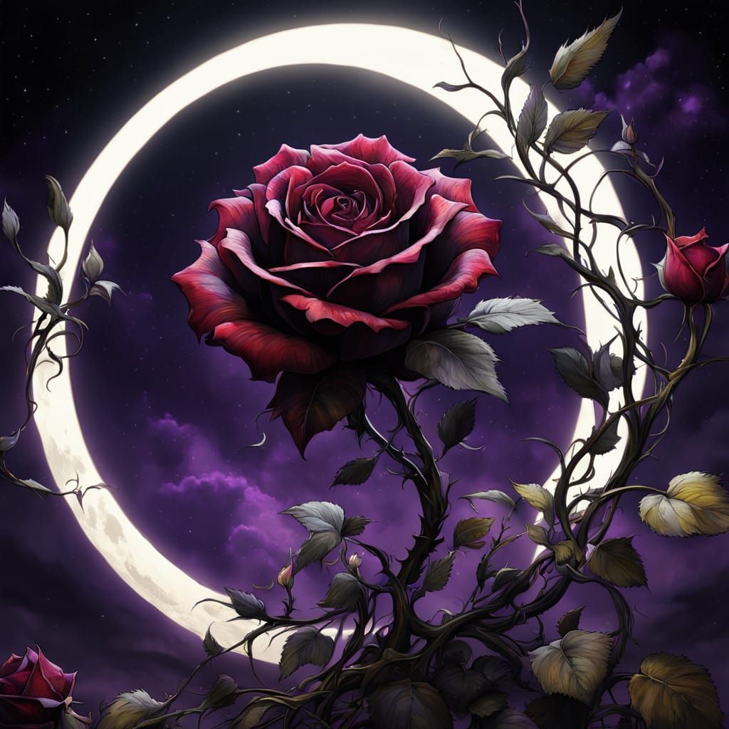 Ethereal Black Rose Vine Reaches for Lunar Connection
