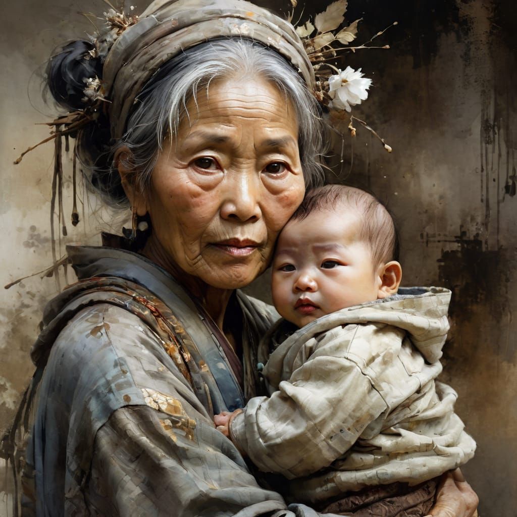 Rustic Watercolor Portrait of Grandmother and Baby