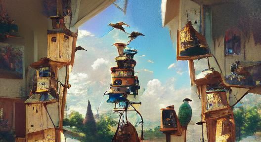 Fantastic Tower of Birdhouses and Antiques