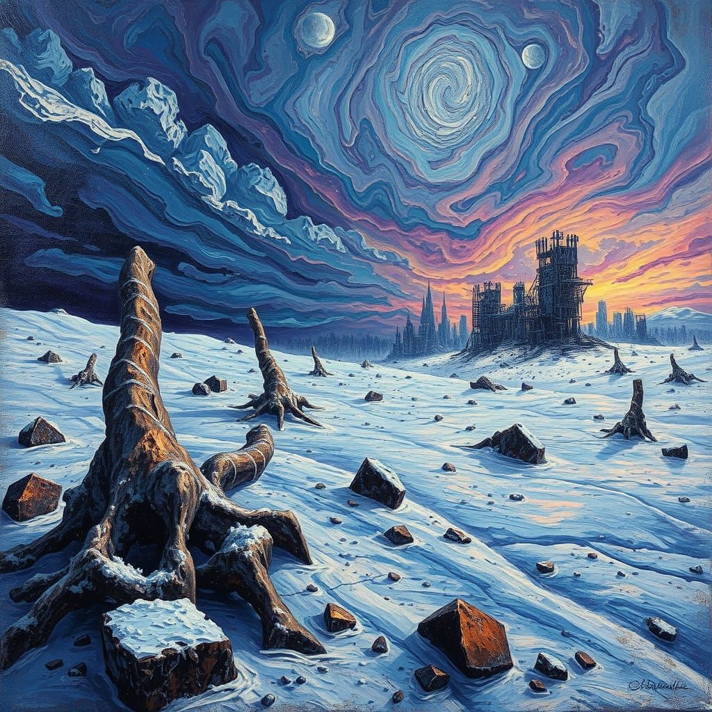 Vibrant, Expressionistic Winter Wasteland in Oil Painting St...