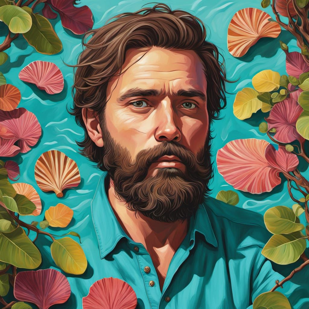 Man in Turquoise Shirt Beneath Sea Grape Tree