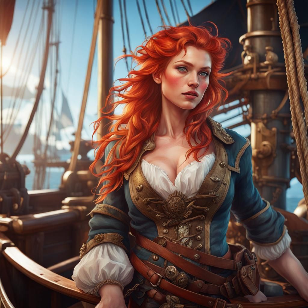 Redhead Pirate Woman on Ship, Hyperdetailed Art