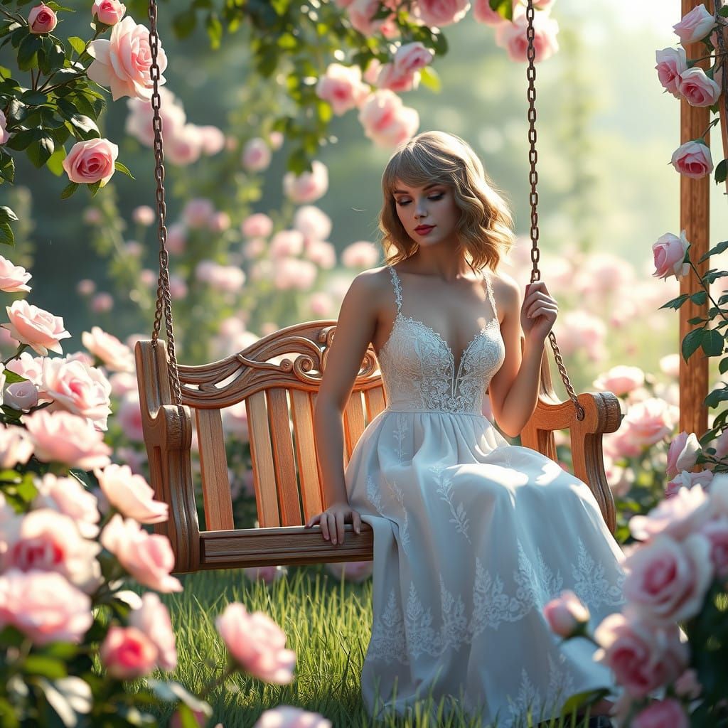 Serenely Elegant Taylor Swift in 3D Anime-Style Rose Garden...