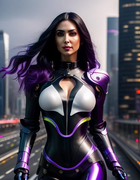 Beautiful Cyborg in Bustling Cyberpunk Cityscape