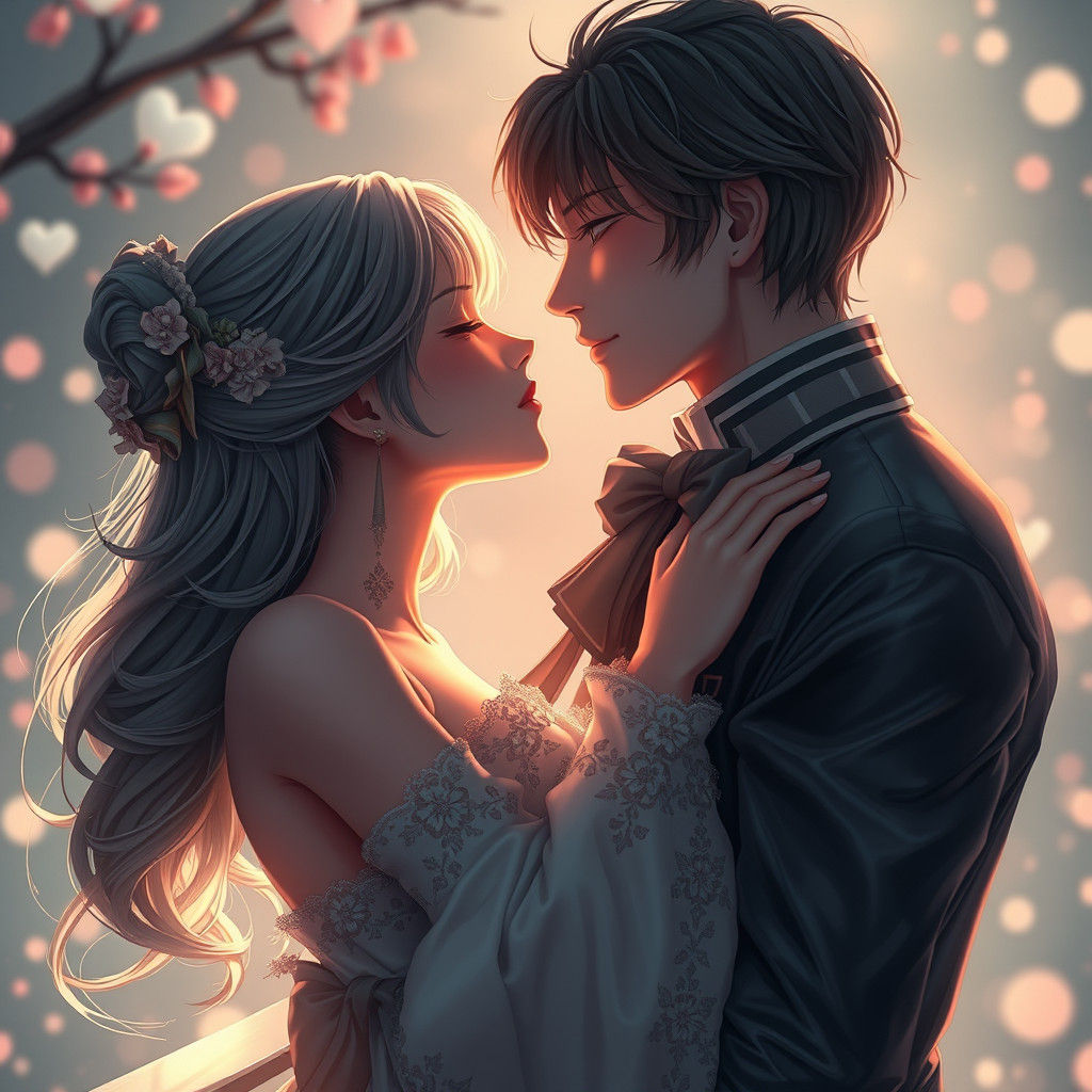 Romantic Lovers Kiss in Dreamlike Anime Style