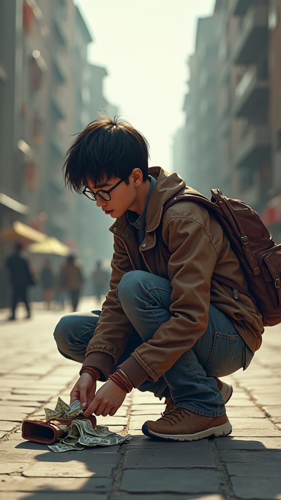 Student Finds Cash-Filled Wallet in Cinematic Illustration