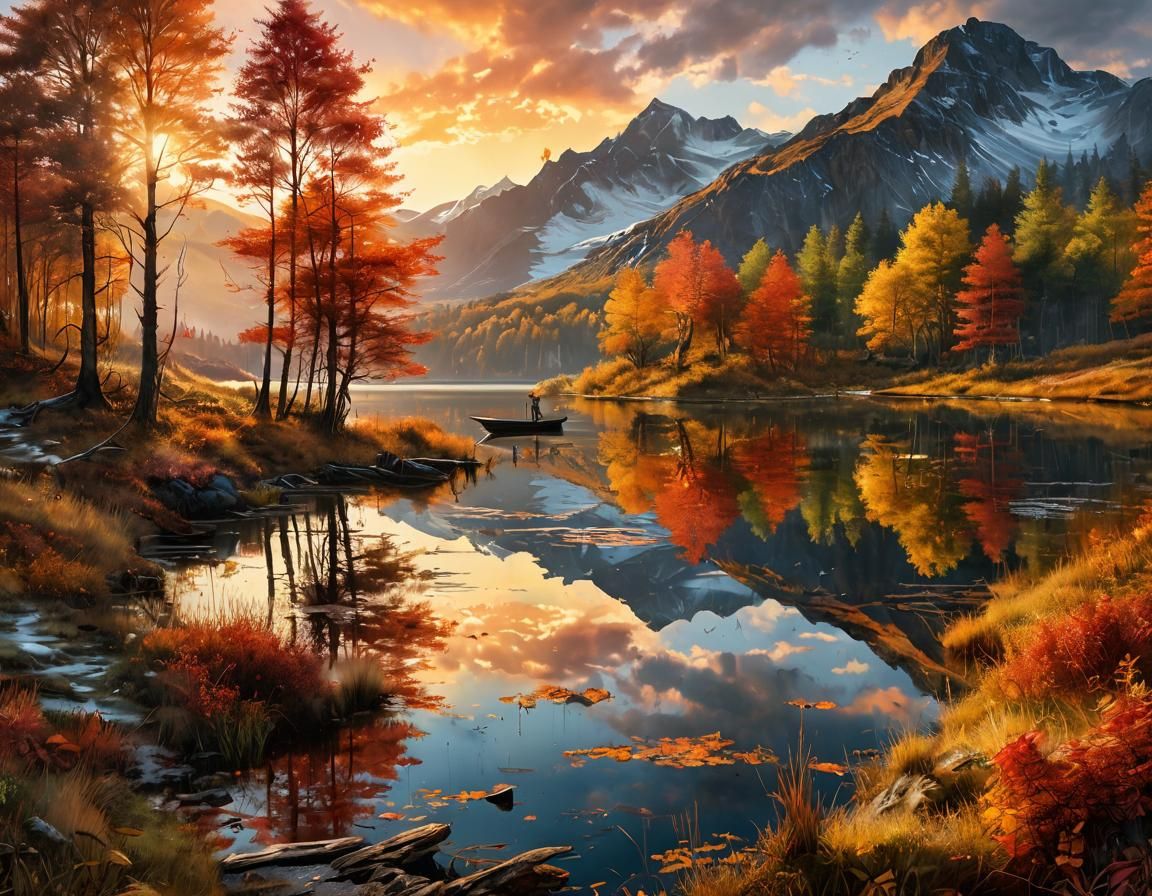 Autumn Sunset Lake in Oil Painting Style