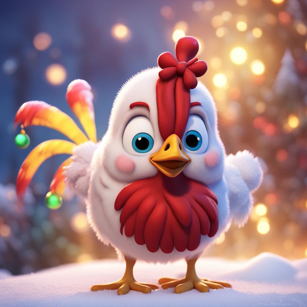 Festive Baby Chicken with Snow: 3D Digital Art