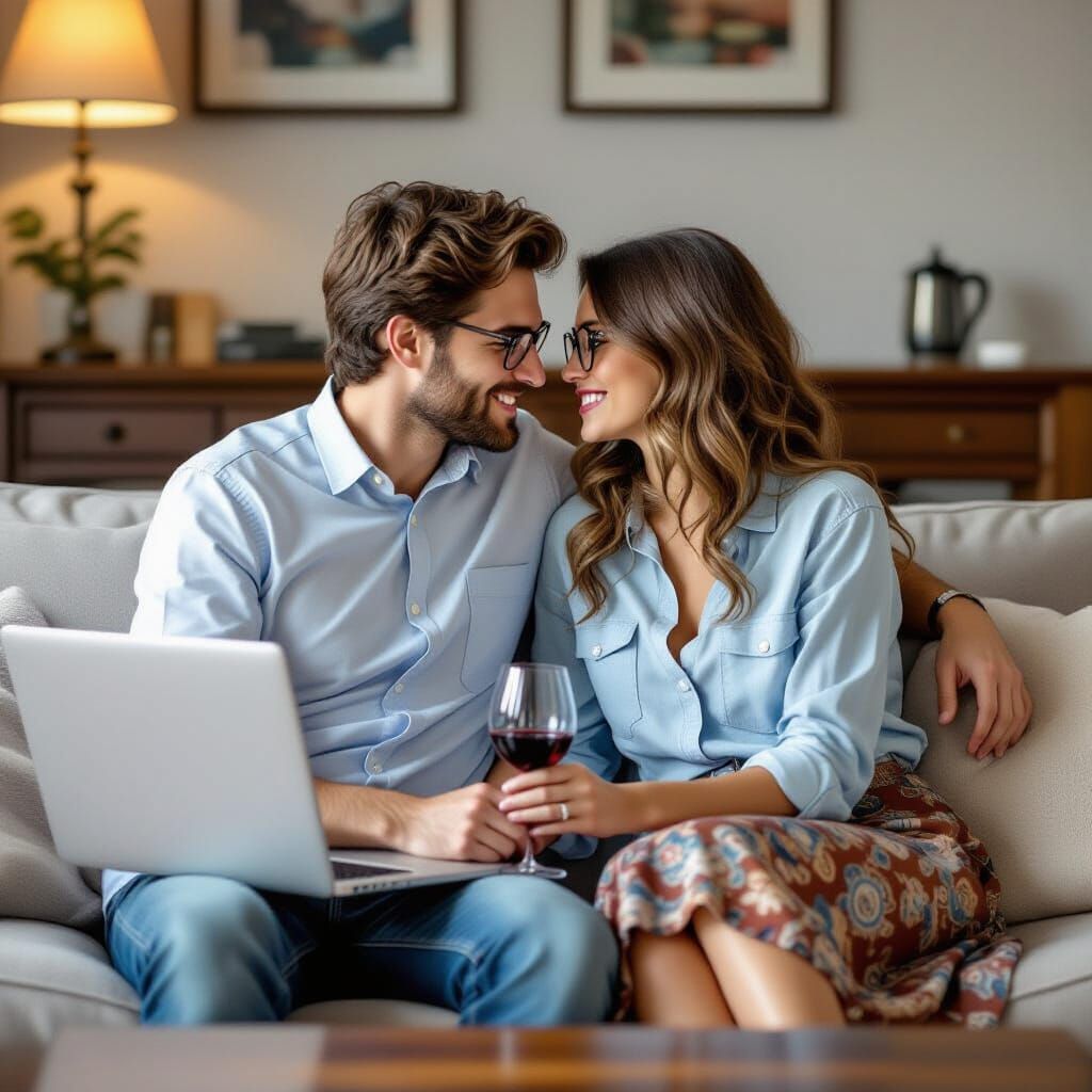 Passionate Kiss in Cozy Apartment, Photorealistic Intimacy