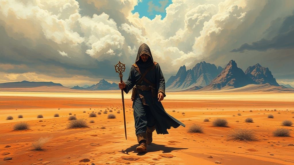 Mystical Gypsy Trekker in Surreal Desert Landscape