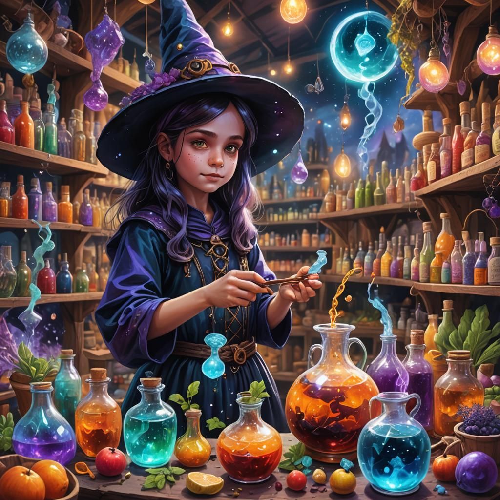 Little Witch Brews Magical Potion: Cosmic Illustration