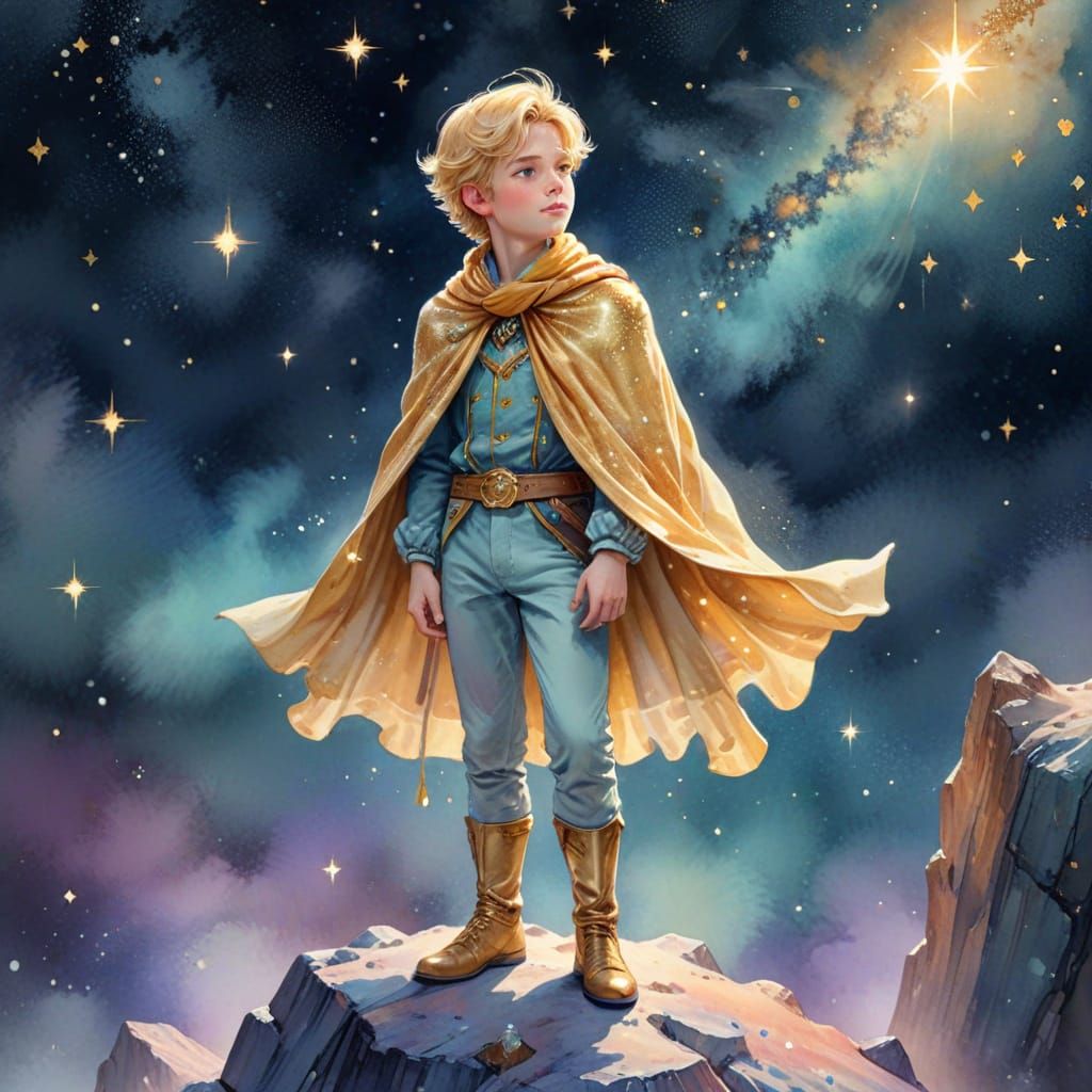 Golden-Haired Prince on Asteroid in Watercolor Style