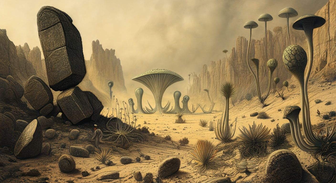 19th Century Etched Desert Valley Dust Storm with Alien Flor...