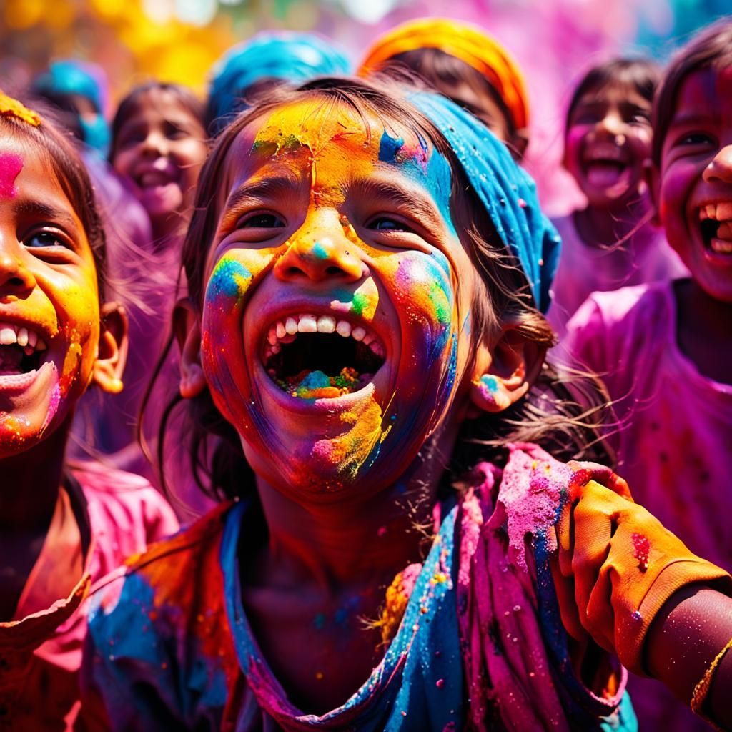 Children Celebrate Holi Festival: Vibrant Indian Folk Art