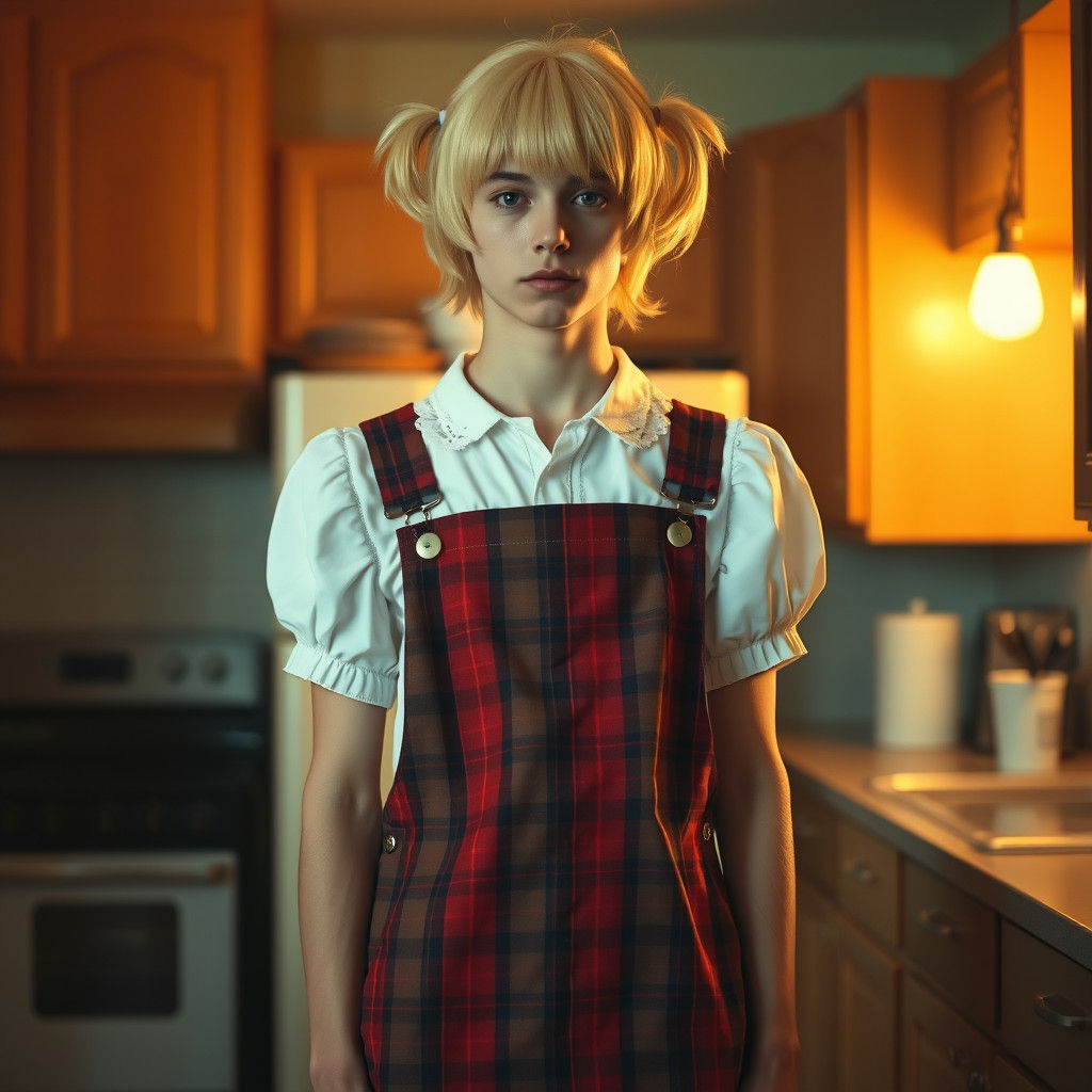 Androgynous Youth in Whimsical Fashion, in a Moody Kitchen S...