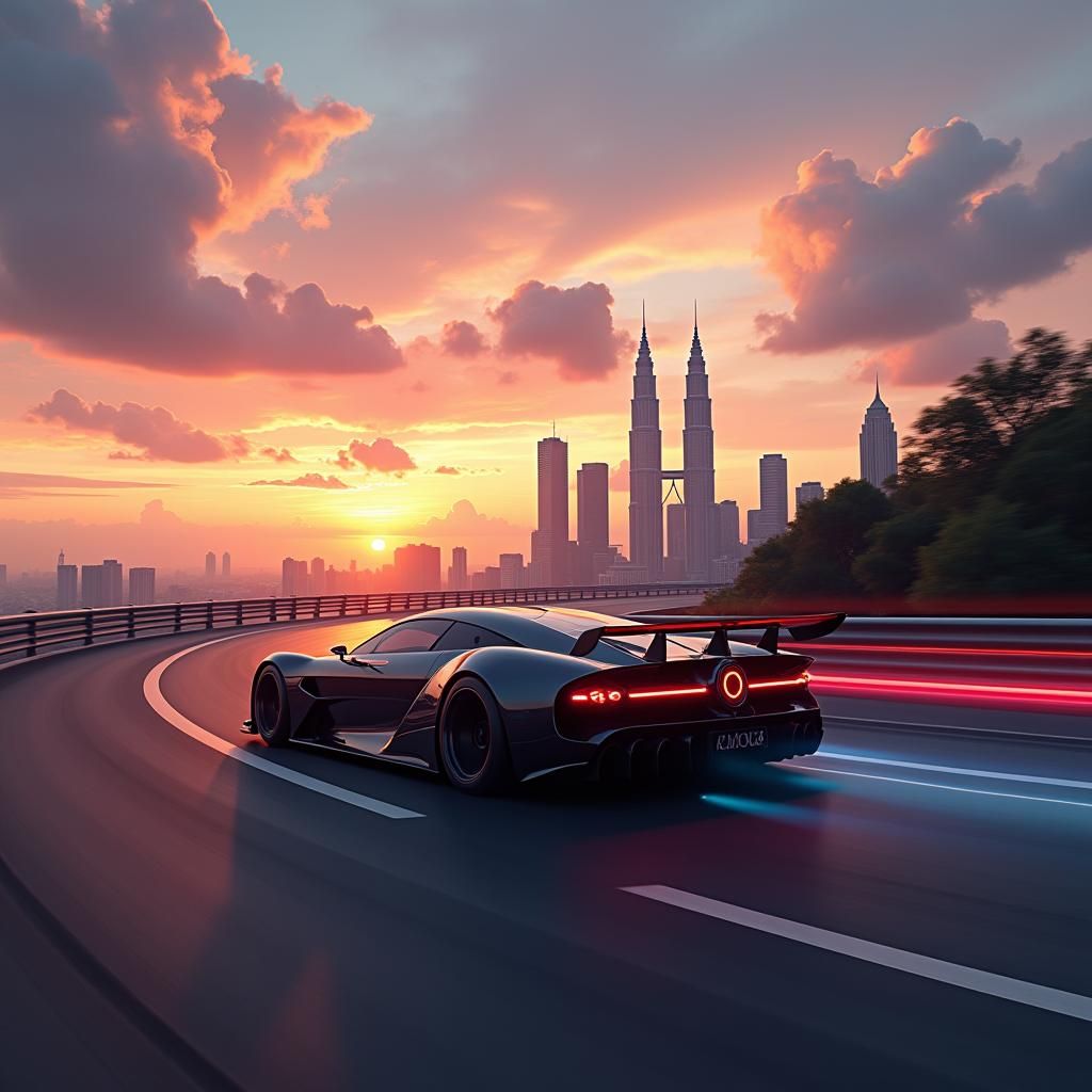 Futuristic Car and KL Tower at Sunset: Cinematic Matte Paint...