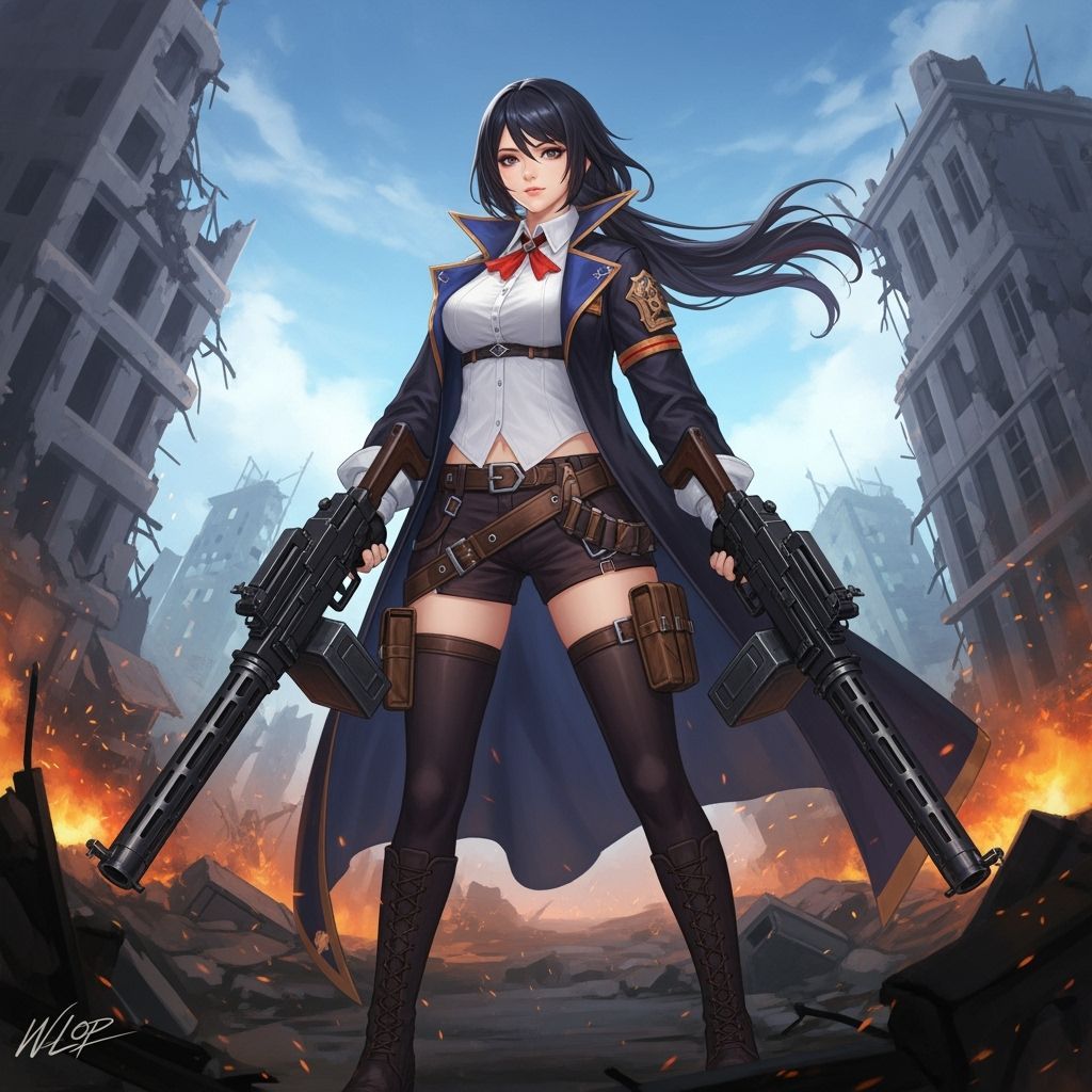 Powerful Woman Wields Machine Guns Amidst Ruined Buildings