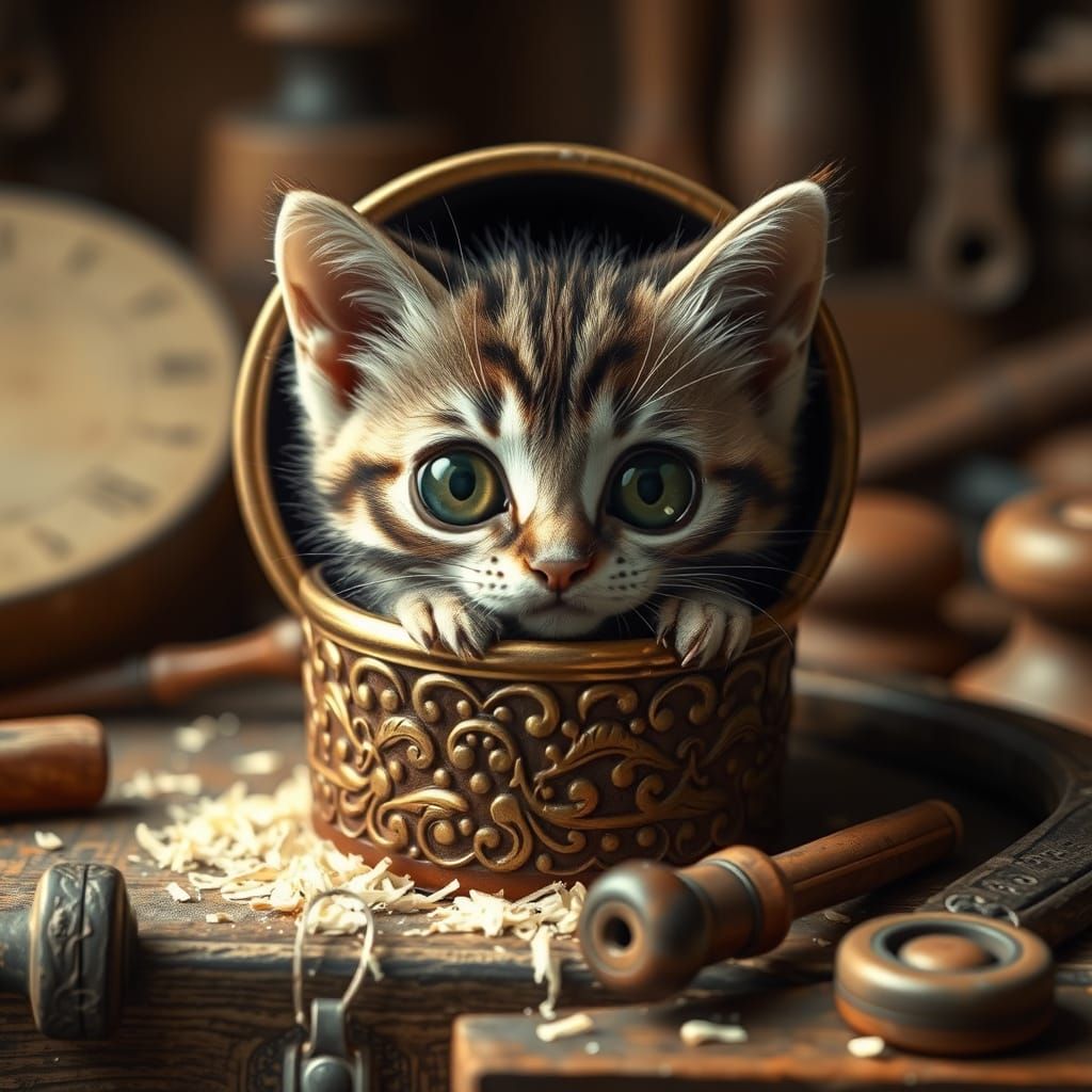 Whimsical Kitten Peers Out of Antique Thimble in Warm, Natur...