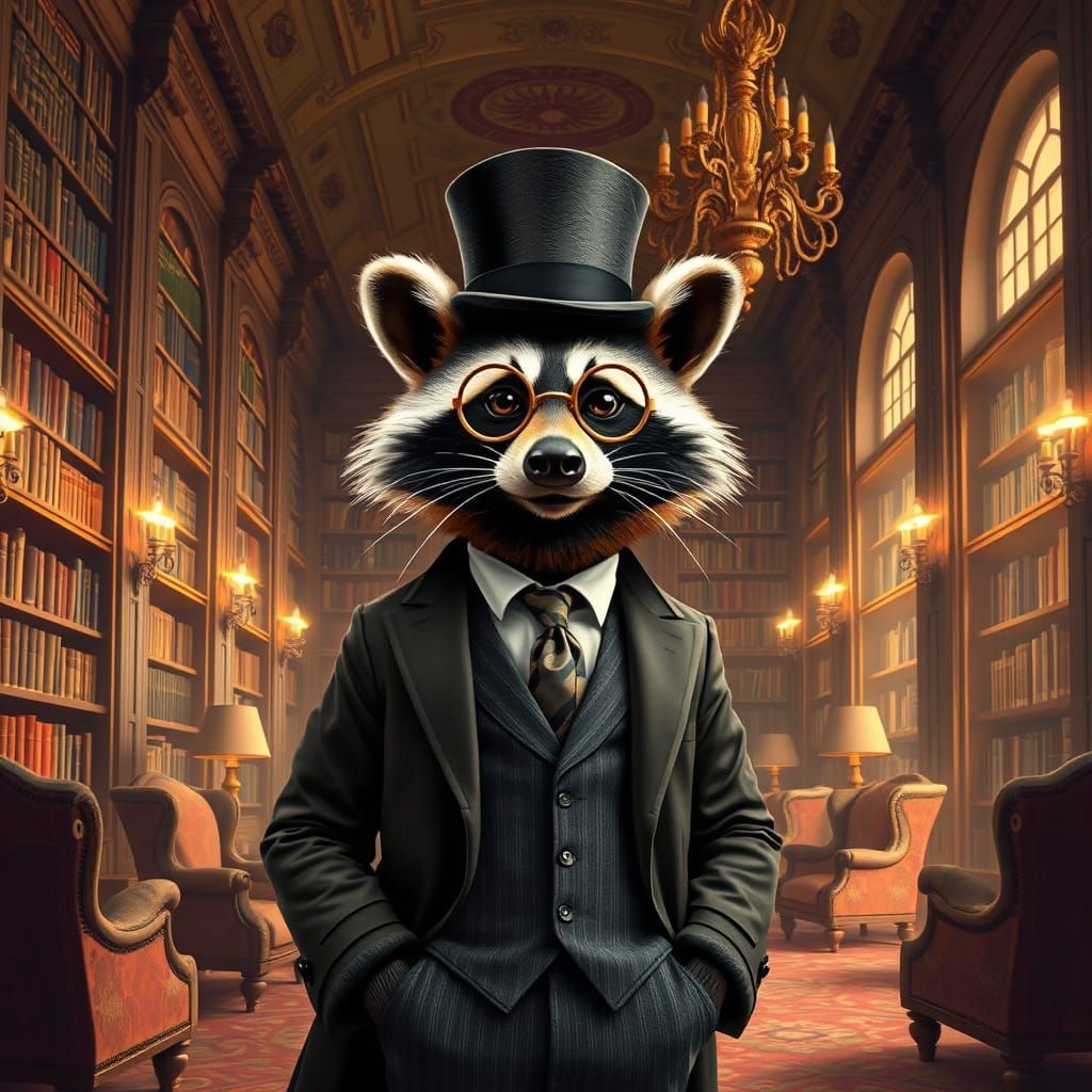 Dapper Raccoon Gentleman in Library, Arthur Rackham Style