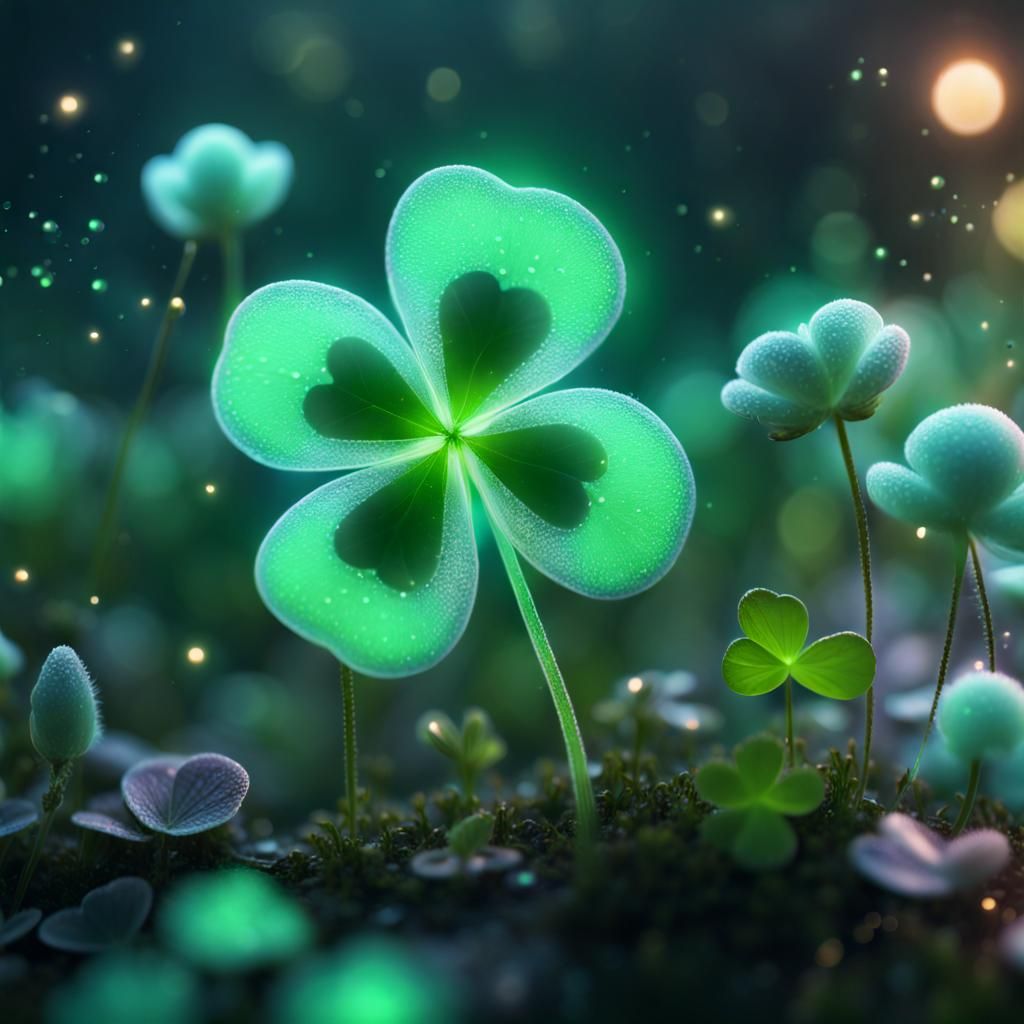 Macro shot of bioluminescent pale green lucky clover