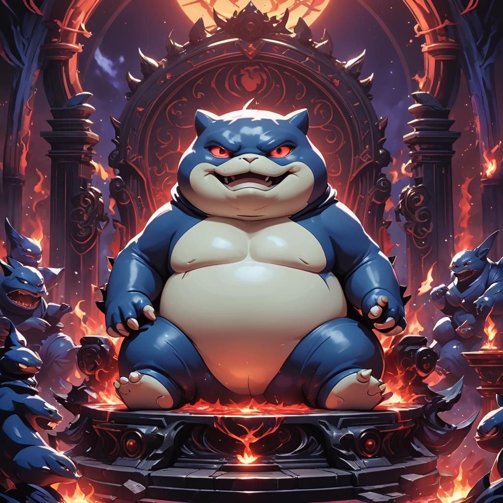Demonic Porcelain Snorlax on Throne in Dark Anime Style