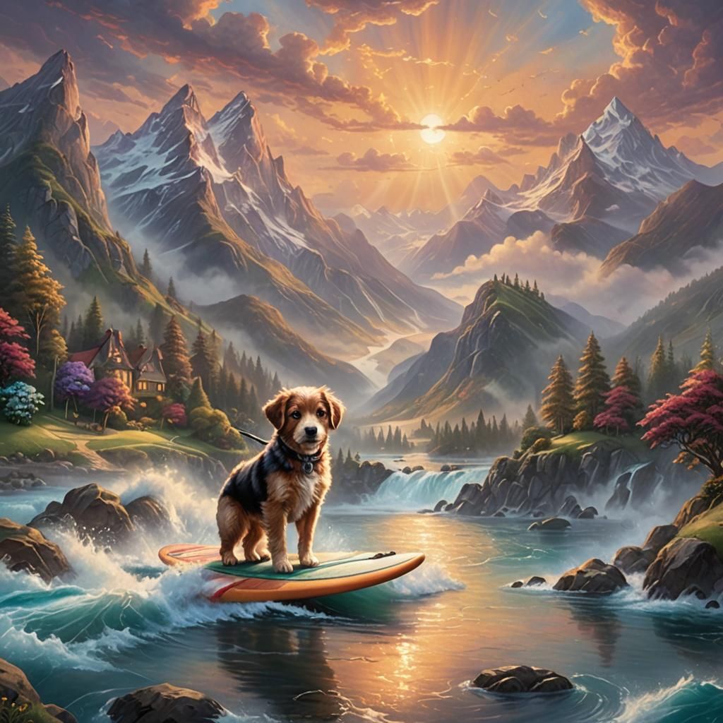 Puppy Surfing at Sunset: Ethereal Fantasy Scene