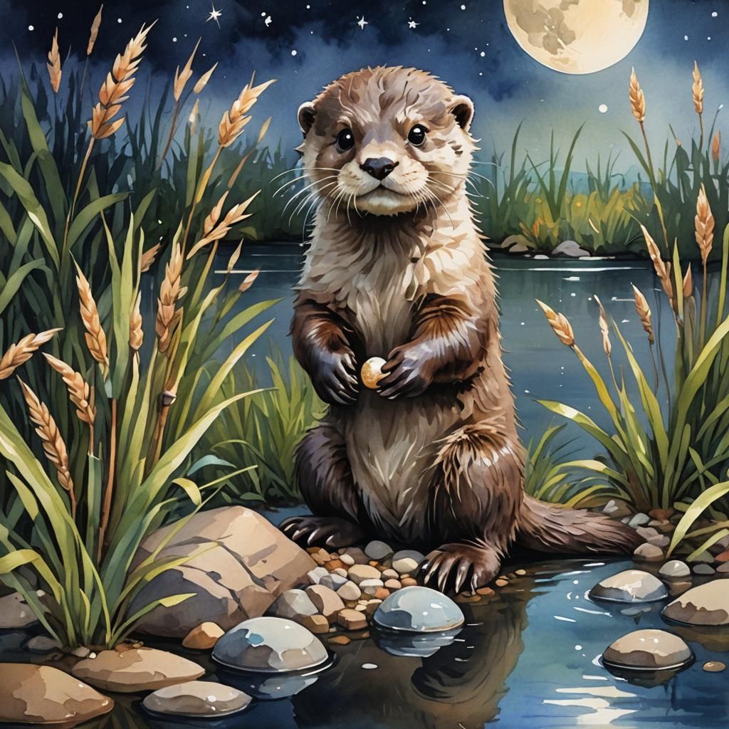 Baby Otter Plays: Gouache Impressionist River Scene