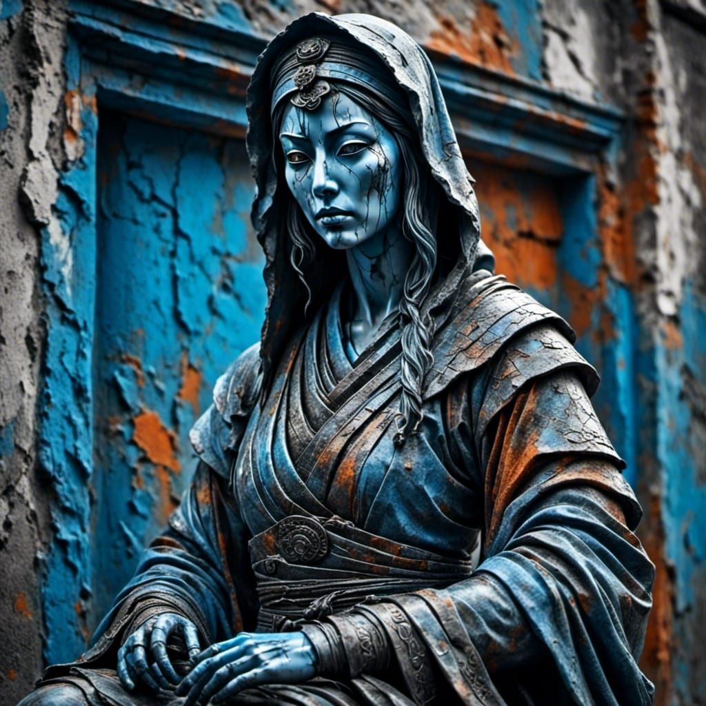 Marble Statue in 14th Century Clothing with Ghost