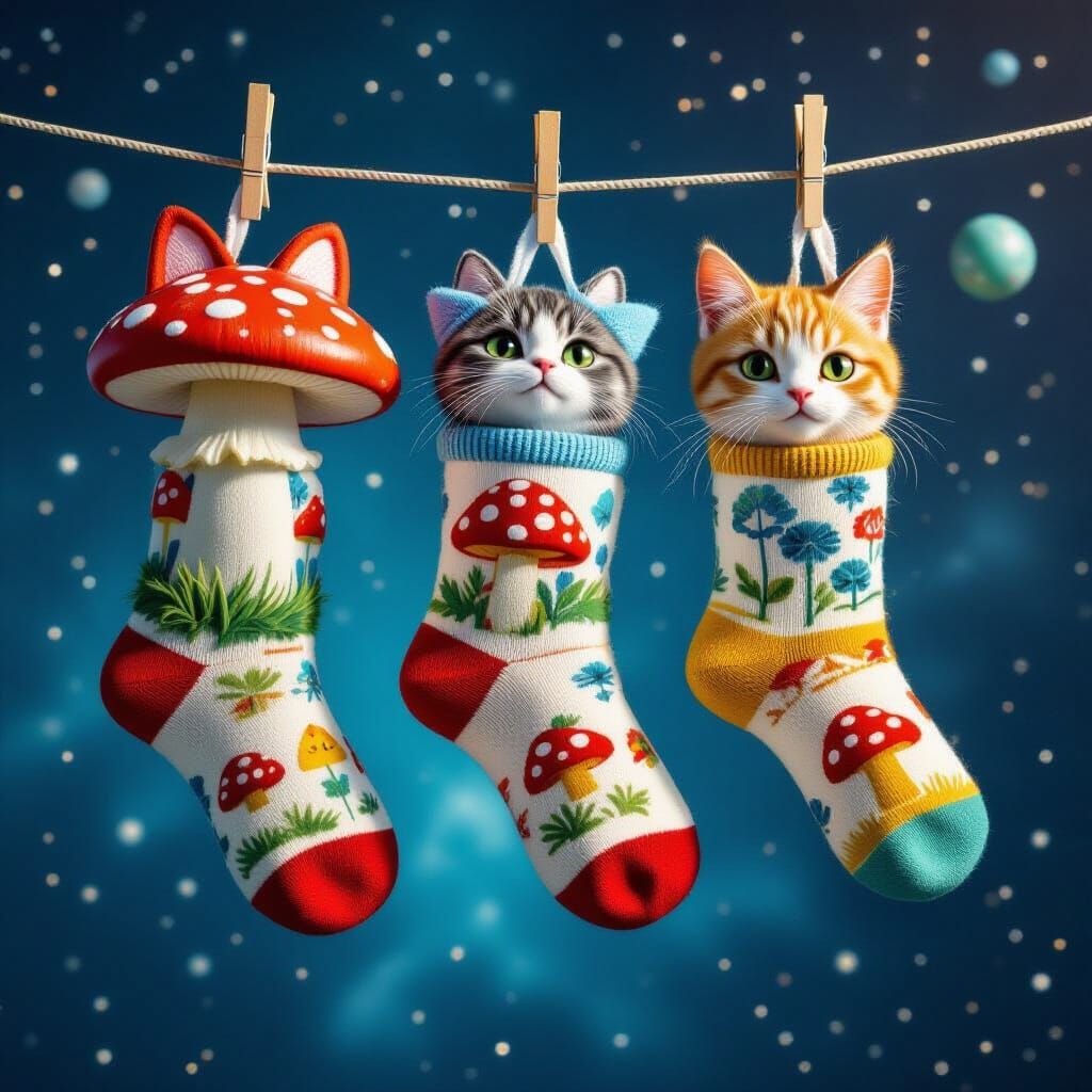 Socks in Space with Mushroom and Cat Ear Patterns