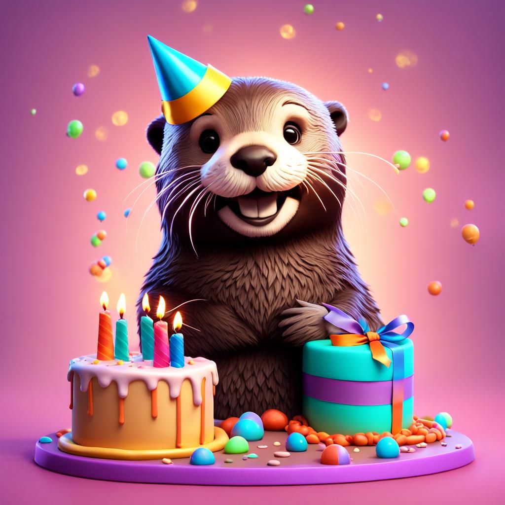 Sea Otter Celebrates Birthday: 3D Digital Art