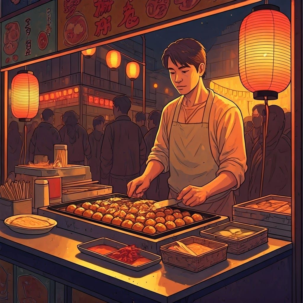 Osaka Night Market Takoyaki, Comic Book Illustration