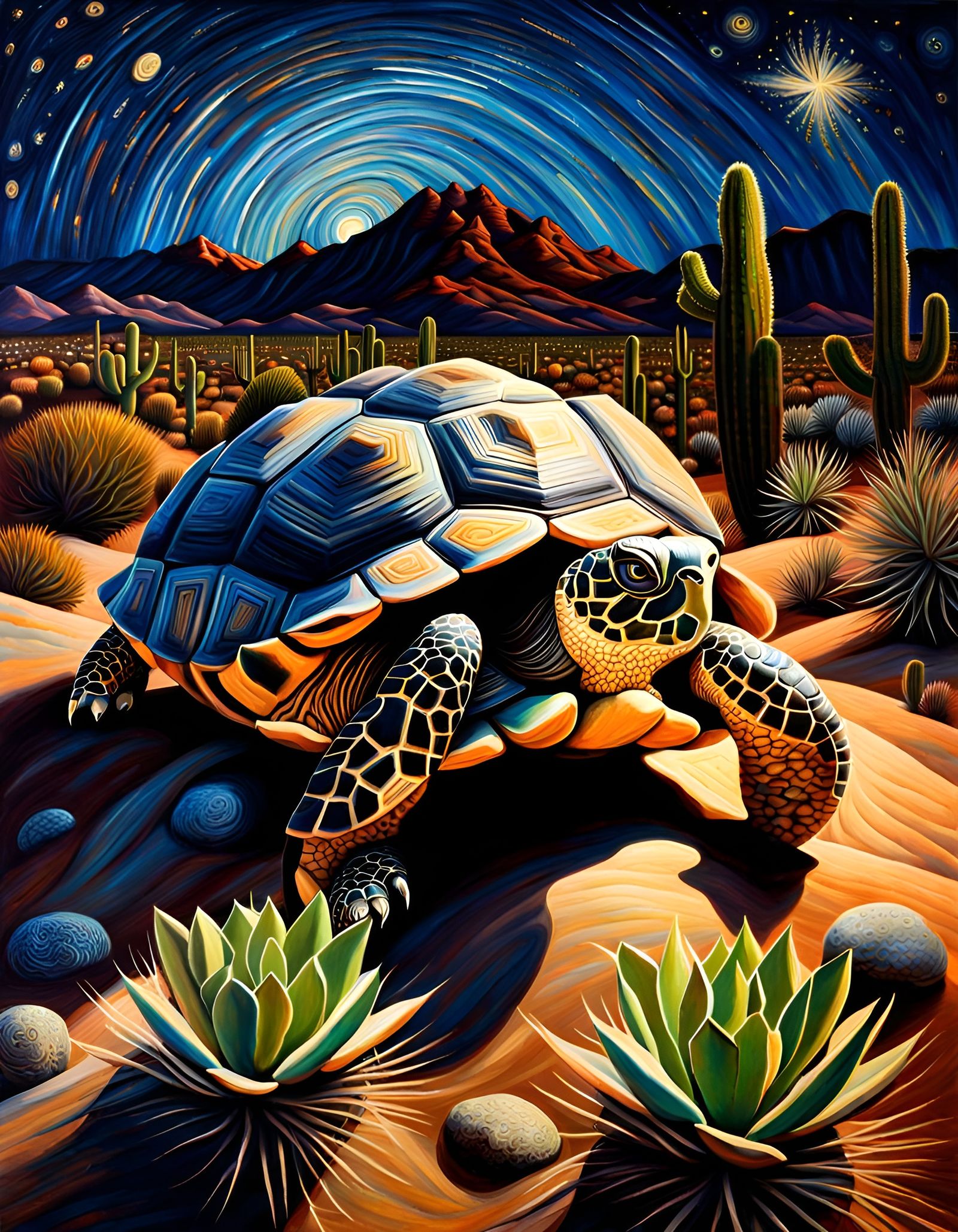 Desert Tortoise Under Starry Sky: Neo-Impressionist Style