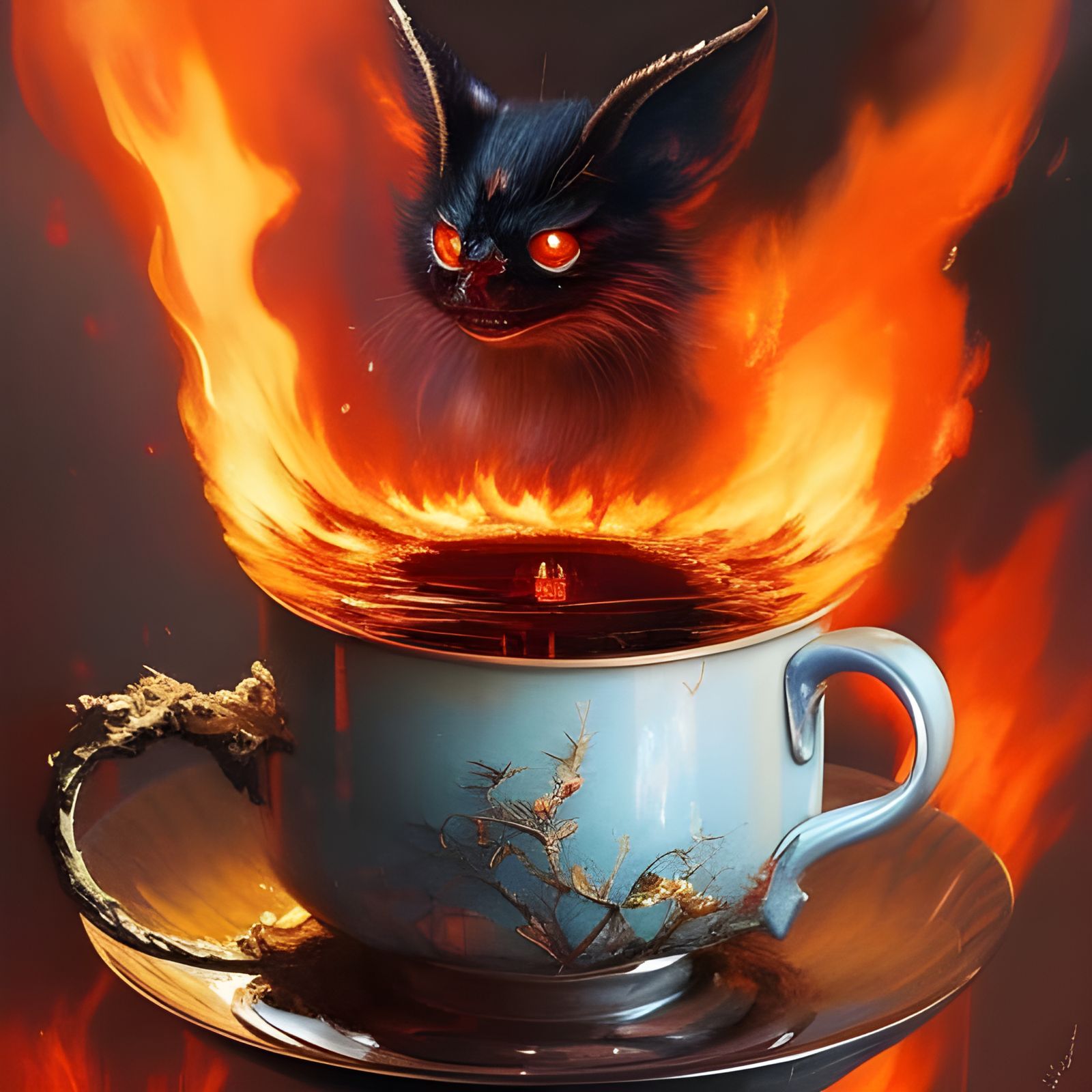 Grumpy Demon Horse in Teacup Inferno