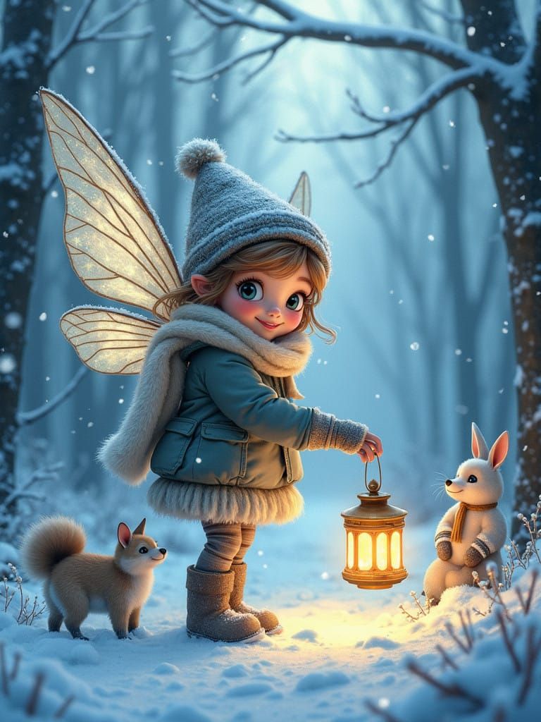 Fairy in Winter Wonderland, Whimsical Digital Drawing