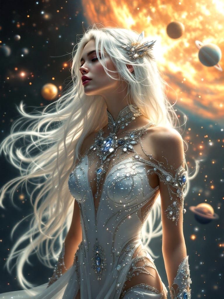 Galactic Goddess in Futuristic Attire with Celestial Backgro...