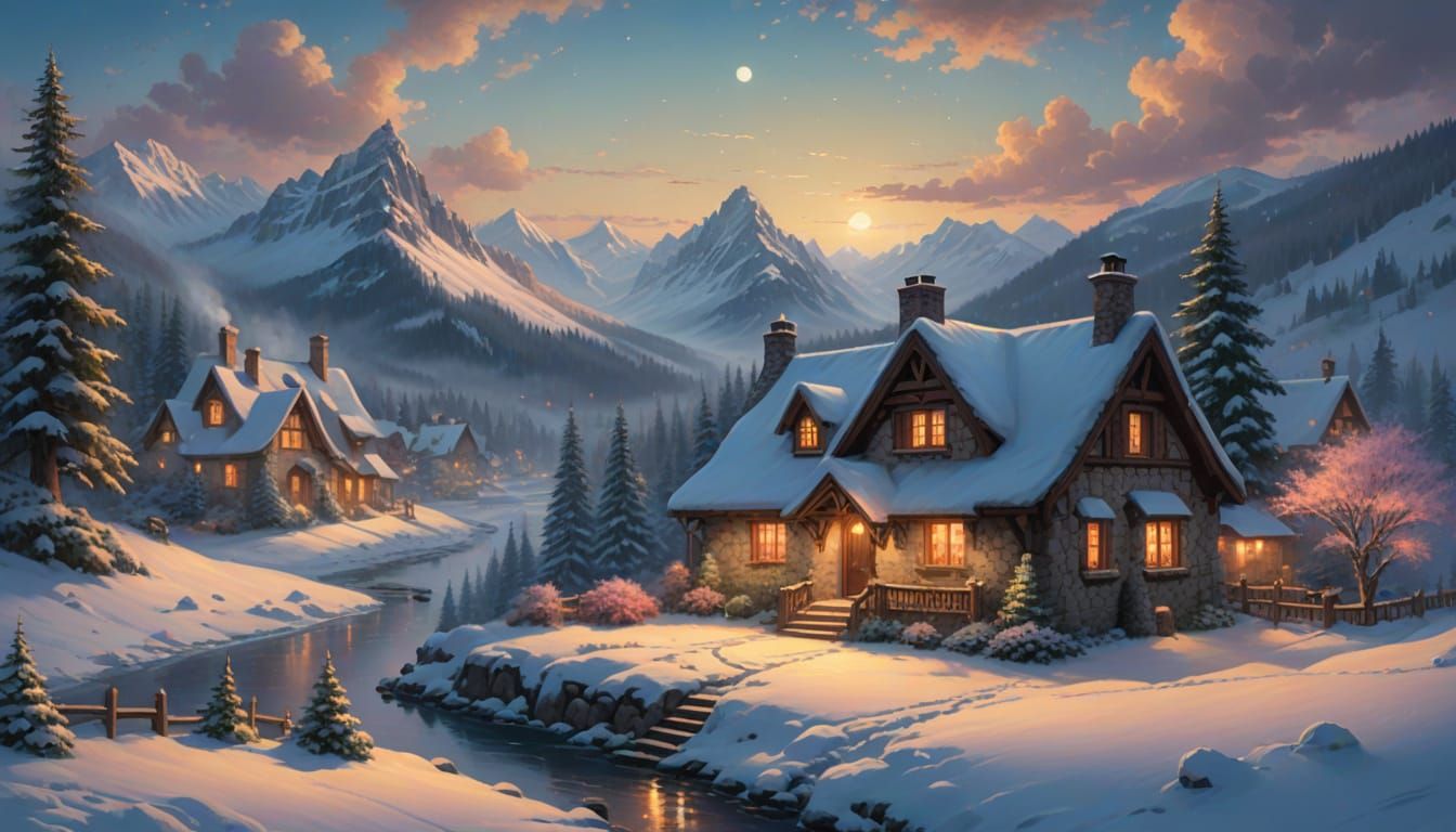 Cozy Winter Cottage at Twilight in Whimsical Style