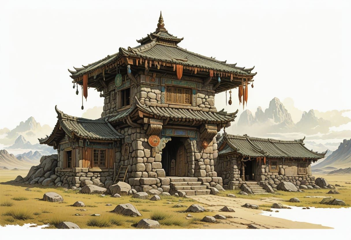 Heroic Fantasy Mongolian Stone House Illustration