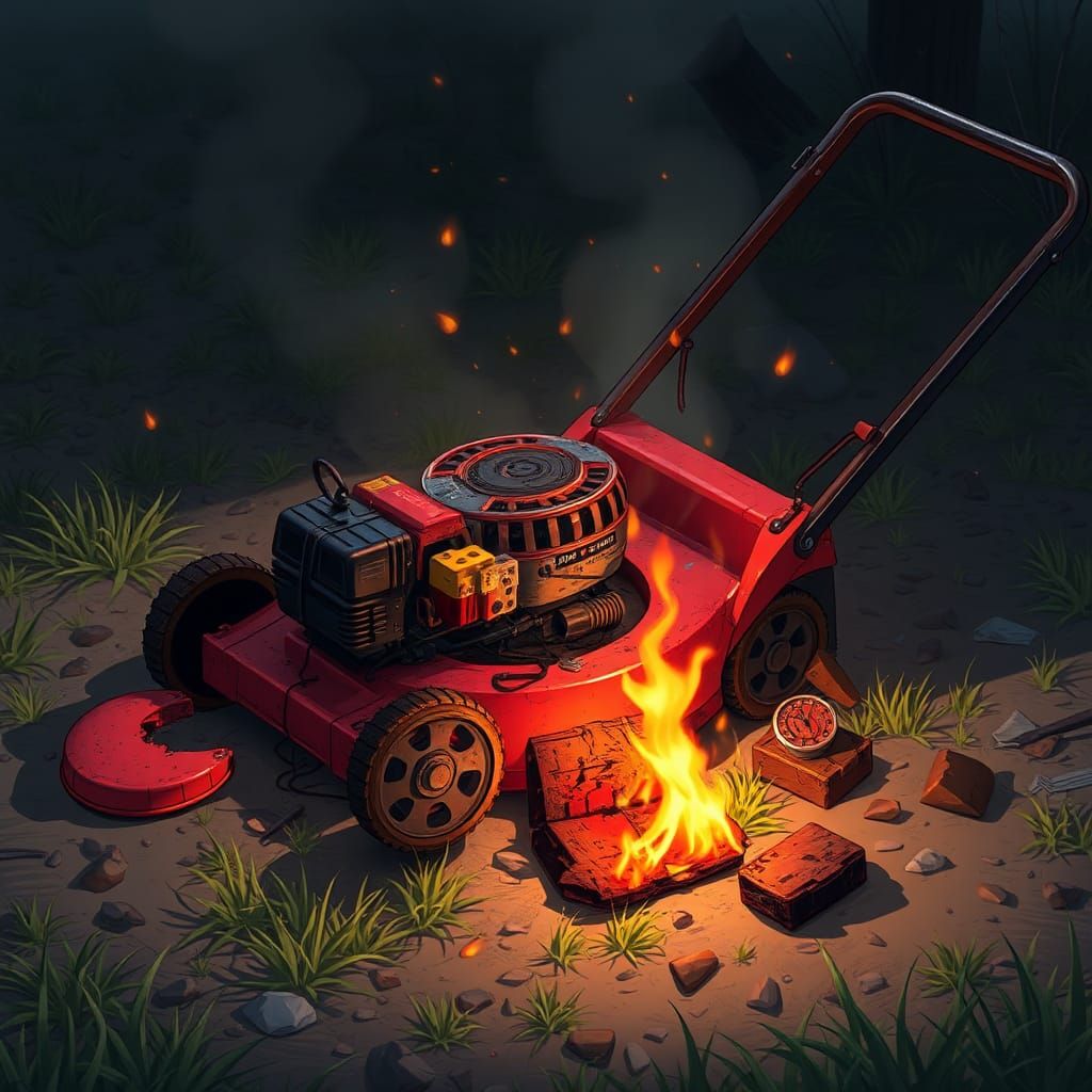 Burnt Lawnmower Debris in Anime Style