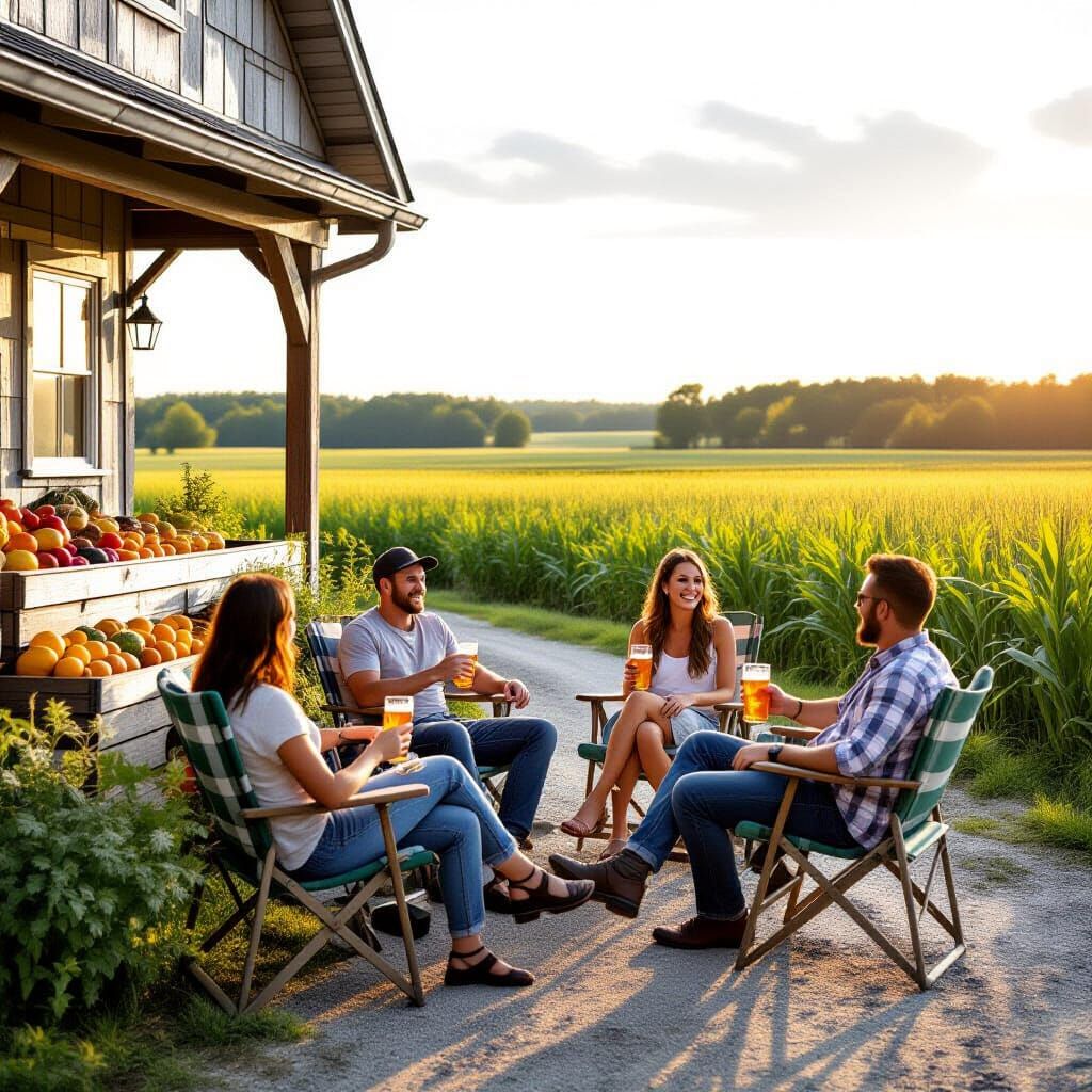 Farm Stand with Friends Enjoying Beer