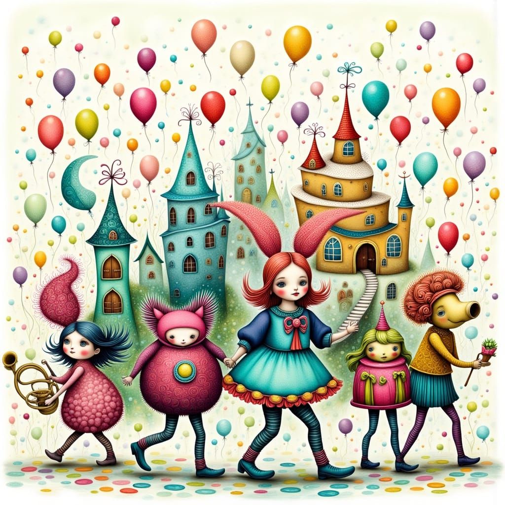 Joyful Whimsical Creatures Celebrate Birthday in Vibrant Wat...