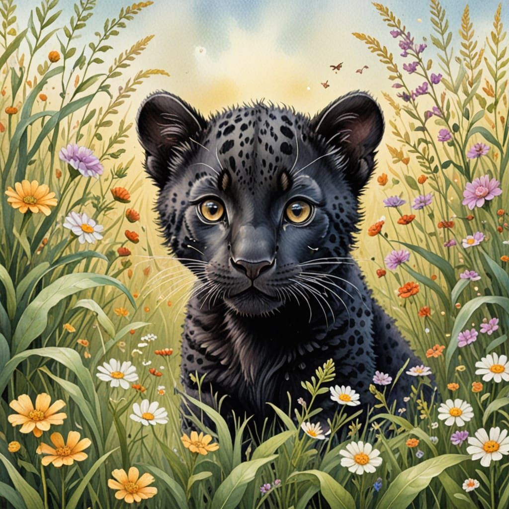 Whimsical Black Leopard Cub Watercolor Illustration in Seren...