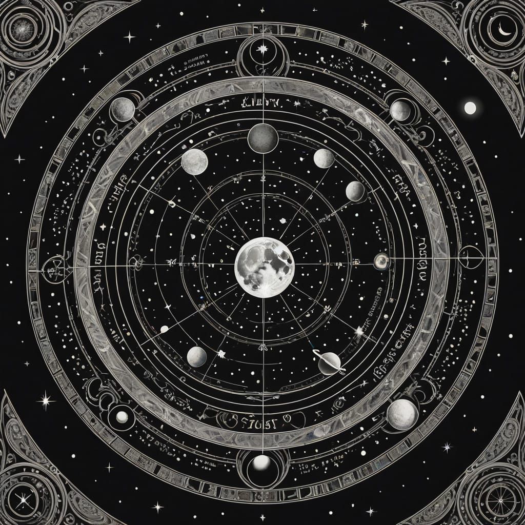 Moon Phase Cycle Calendar in Linocut Style