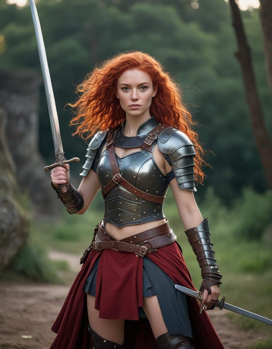 Ginger Warrior Woman in Forest Moonlight
