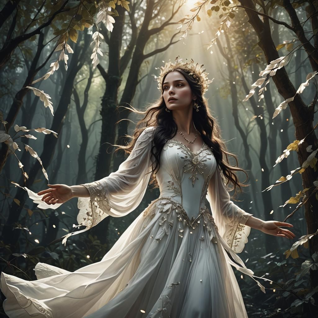 Ethereal Woman in Dark Forest Digital Painting
