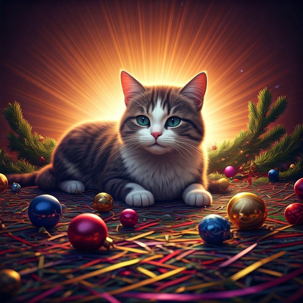 Feline in Christmassy Chaos, Rendered in Cyberpunk Digital A...