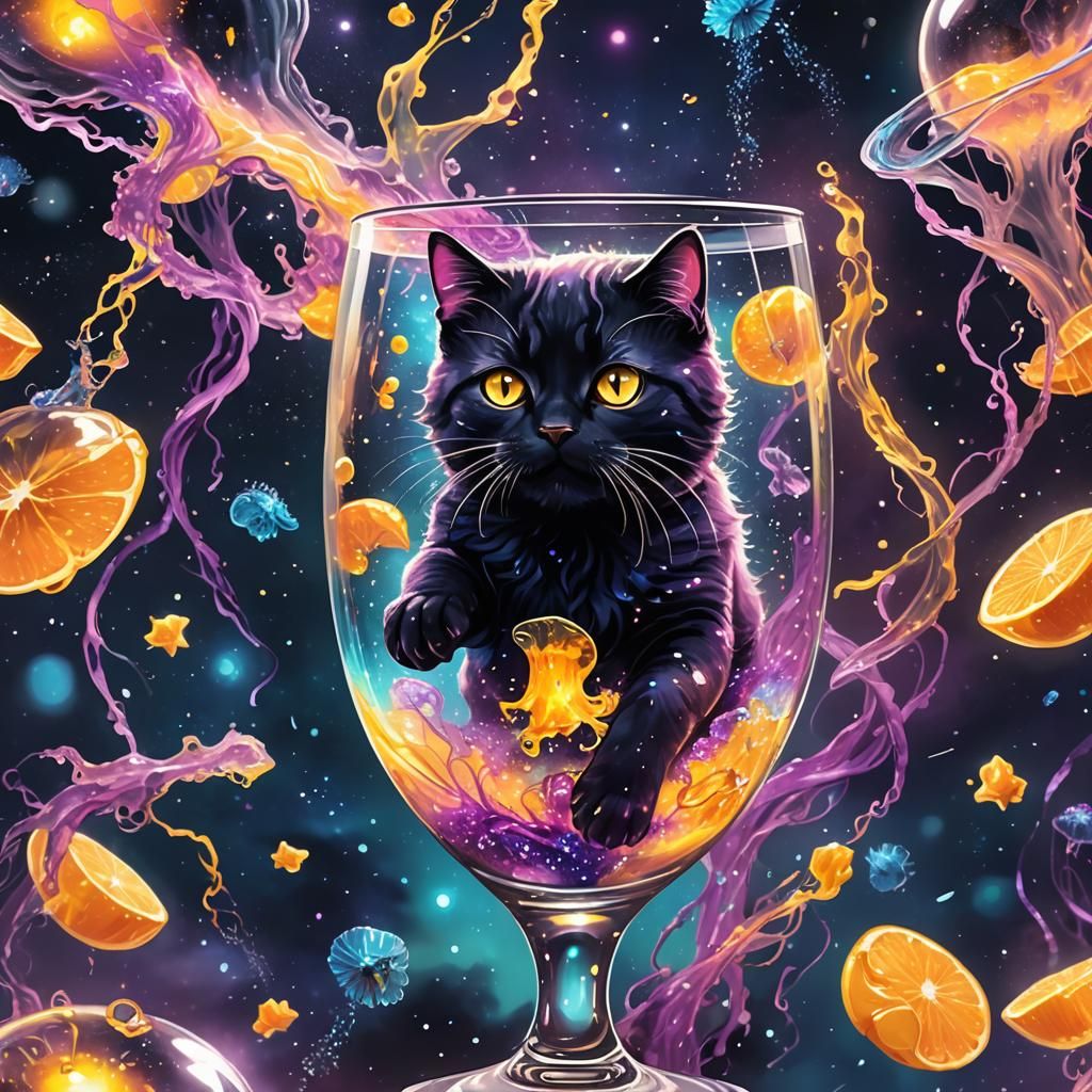 Glass Cat Pouncing from Black Hole, Dark Fantasy Art