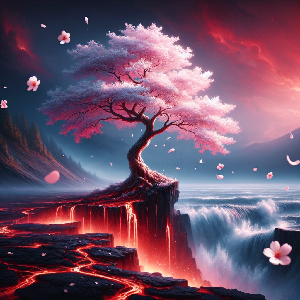 Solitary Sakura Tree Over Lava Ocean