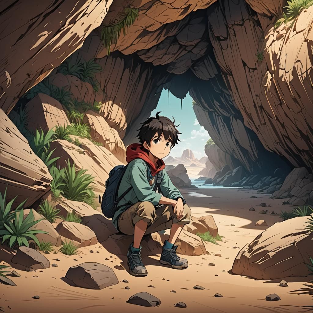 Boy Hiding in Cave: Manga Scan Anime Art