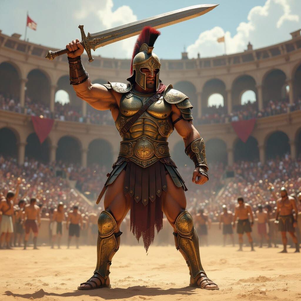 Victorious Gladiator in Sun-Drenched Arena with Hyperrealist...