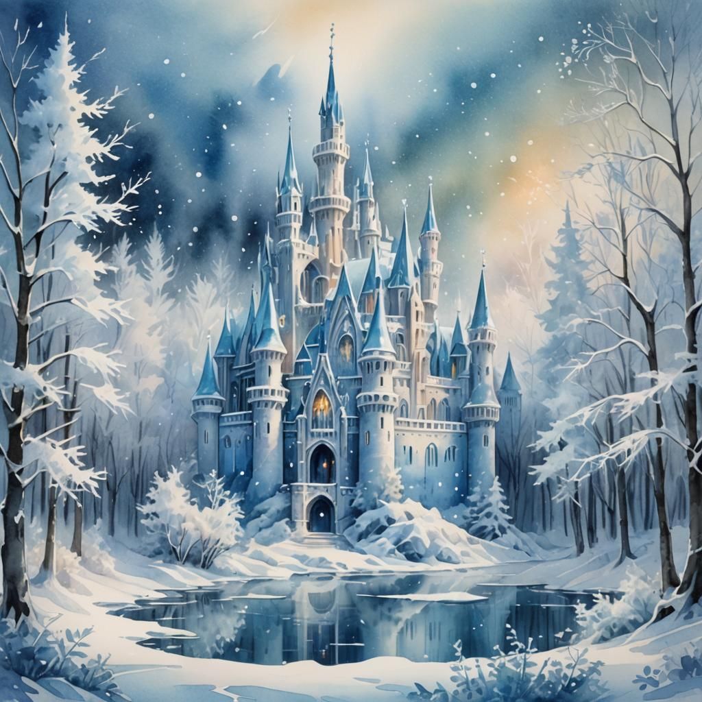 Crystal Castle in Winter Wonderland: Watercolor Art